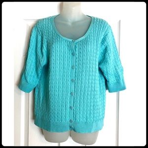 Real Clothes Turquoise Short Sleeved Cable Knit Cardigan 100% Pima Cotton